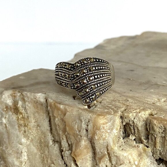 Sterling Silver 925 Art Deco Style Marcasite Asymmetric Wide Band Ring Sz 6.5 - Picture 6 of 16
